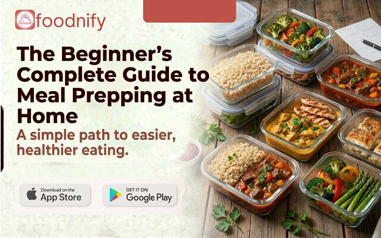 A clean kitchen counter with labelled meal prep containers filled with cooked rice, stew, proteins, and vegetables, representing a completed weekly meal prep session at home.