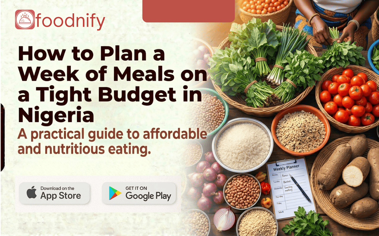 Fresh vegetables, tomatoes, yams, and grains at a Nigerian market, showing affordable ingredients for meal planning on a budget in Nigeria.