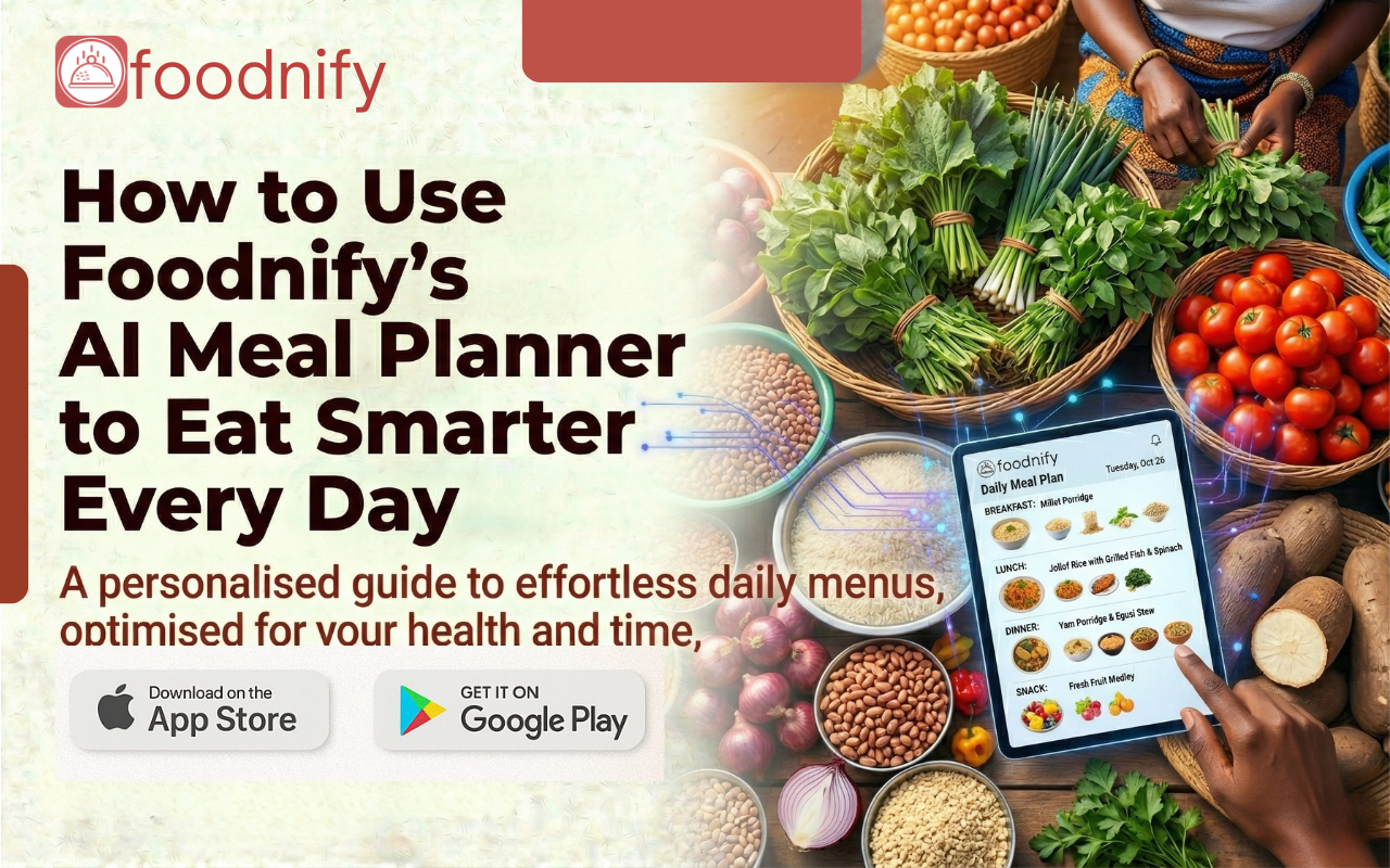 Foodnify AI meal planner app screen on a smartphone beside a healthy meal, showing how the app helps users eat smarter every day.