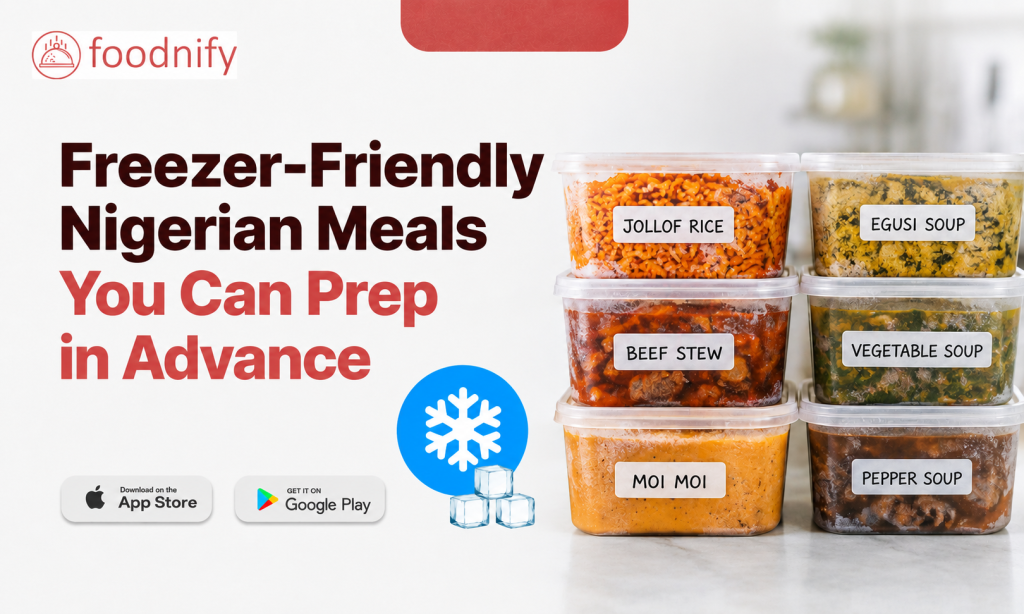 Labelled containers of freezer-friendly Nigerian meals including soups, stews, and rice being stored in a freezer for advance meal prep