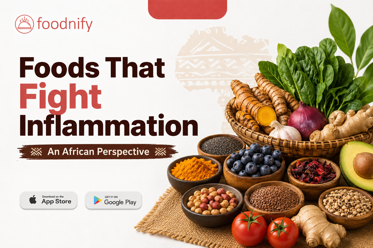 African anti-inflammatory foods including fresh ginger, turmeric, leafy vegetables, garlic, and tomatoes spread on a wooden surface.