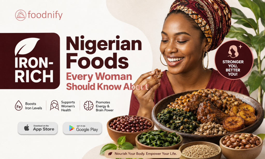 Iron-rich Nigerian foods including ugwu leaves, bitter leaf, cowpeas, liver, kidney, and dried fish laid out on a wooden surface for women's nutrition.
